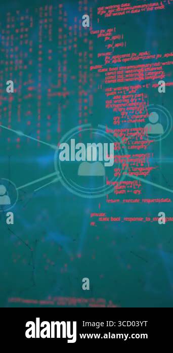 Animation of icons connected with lines over computer language against ...