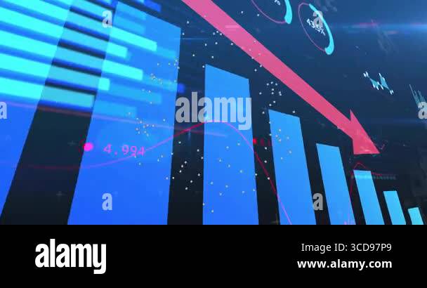 Opening with blue 3D bars rising and pink arrow sliding, labels ...