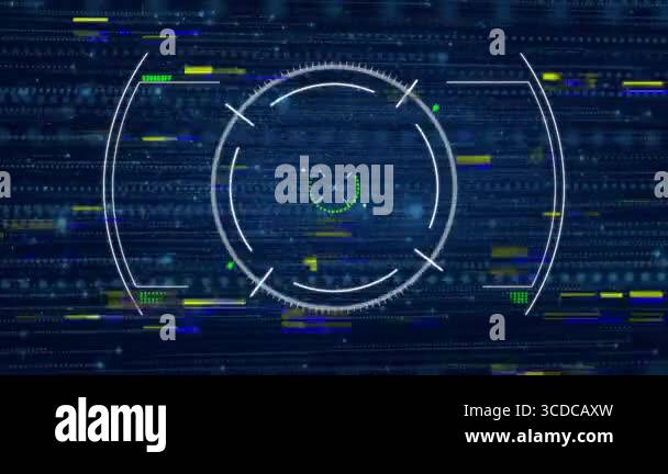 matrix code backdrop scrolling, central HUD reticle emerging, rotating ...
