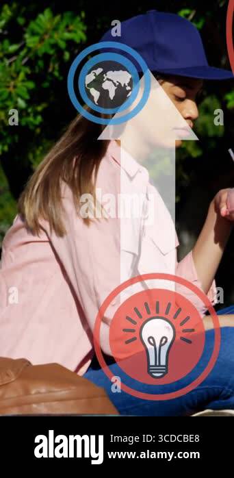 Digital icons and arrows moving upwards against woman using smartphone ...