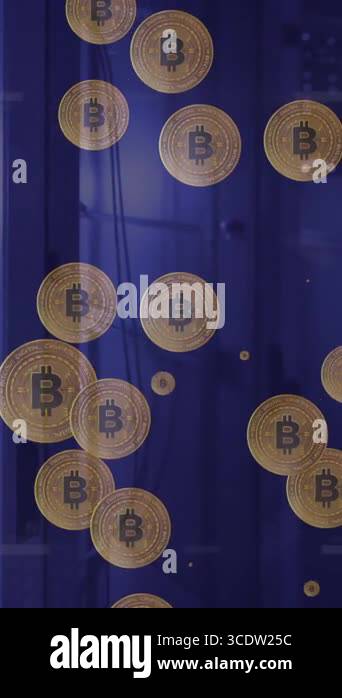 Animation of bitcoin coins pulsating against computer server room ...