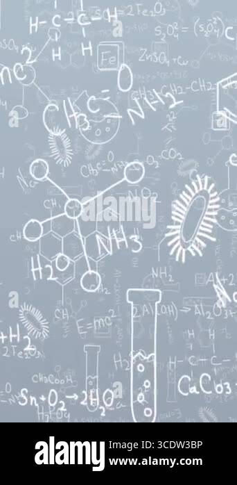 Animation of science icons and mathematical equations over grey ...