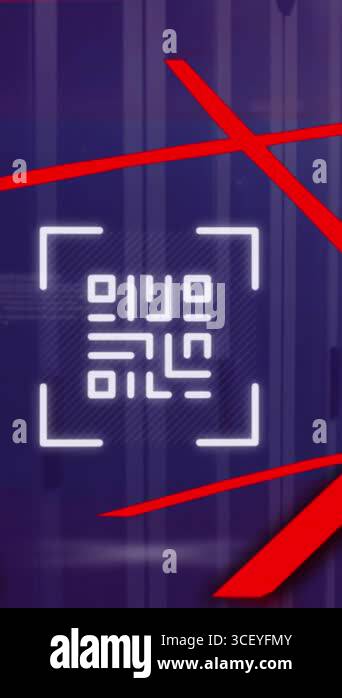 Animation of neon qr code scanner and data processing against computer ...