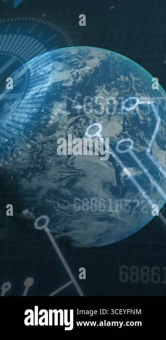 Animation of data processing, globe spinning with computer circuit ...