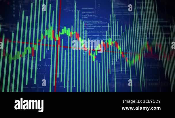 On playback start, digital chart scrolling green bars and undulating ...