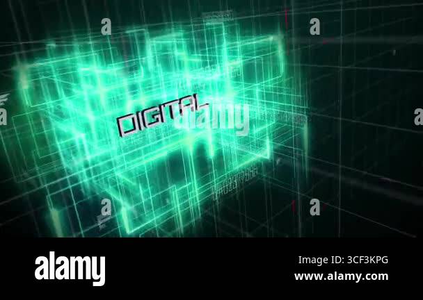 Forming neon green wireframe and rotating in digital space, with ...