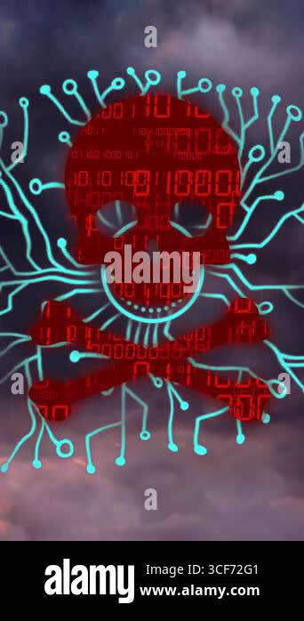 Red skull with binary code and circuit lines over stormy sky ...