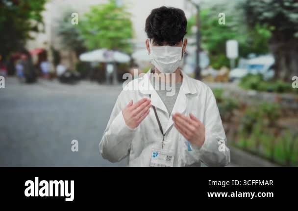 Man wearing mask and lab coat gestures outdoors on urban street with ...