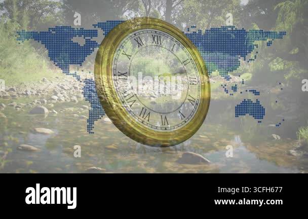 Upon world map fading in, antique gold-rimmed clock face rotating over ...