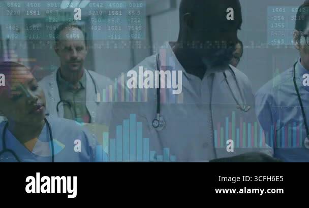 Senior doctor pausing hospital corridor and swiping tablet animating ...
