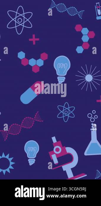 Animation of multiple floating chemical pictograms on the blue ...