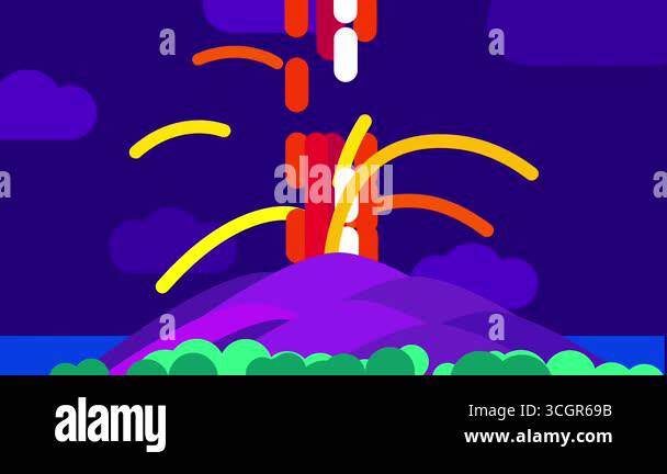 Eruption volcano animation scene of rolling purple hills and scattered ...