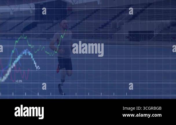 Athlete running with blade on blue track, grid overlay fading and ...