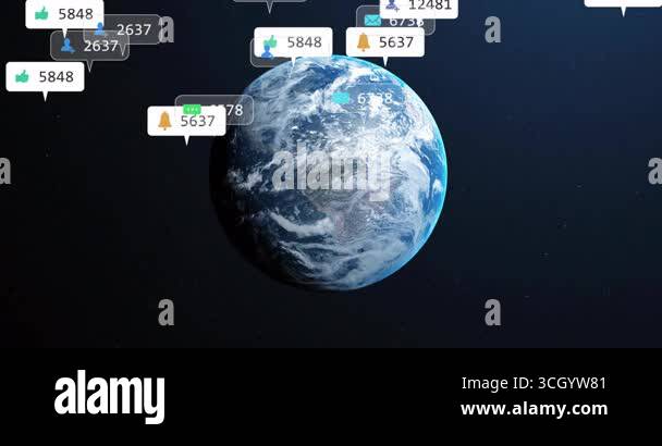 Chat bubble appearing above rotating 3D Earth and sparking global icons ...