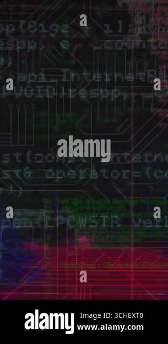 Animation of programming language over 3d grid patterns against circuit ...