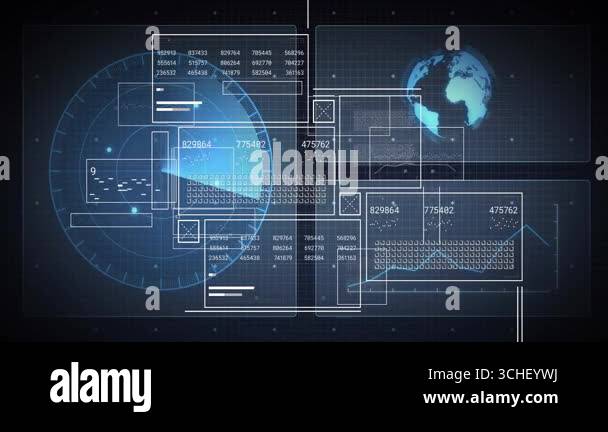 Radar display fading in on grid, data panels populating codes and ...