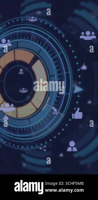 Digital animation of Network of connection icons over digital interface ...