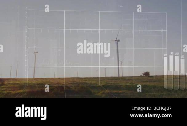 Grid overlay fading over rotating wind turbines, line graph animating ...