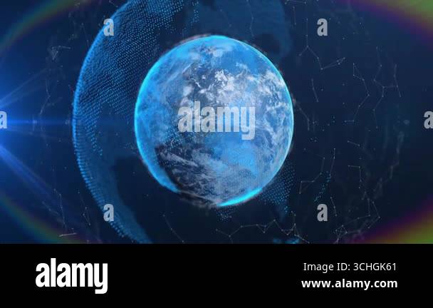 Opening void, 3D globe fading in wireframe rising flare bursting halo ...