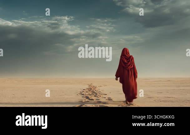 Back view of unrecognizable woman's solitary figure in a vibrant red ...