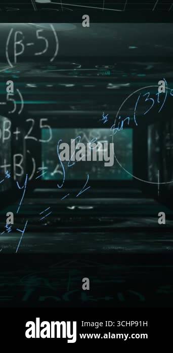 Animation of data processing and mathematical equations over screens ...