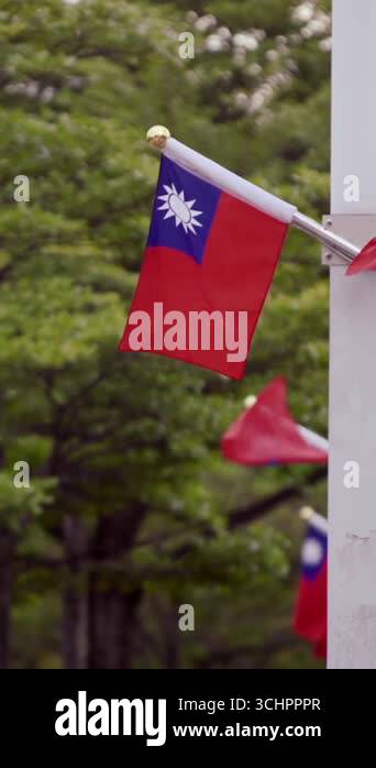 Vertical Slow motion of Taiwan flag waving with green foliage in the ...