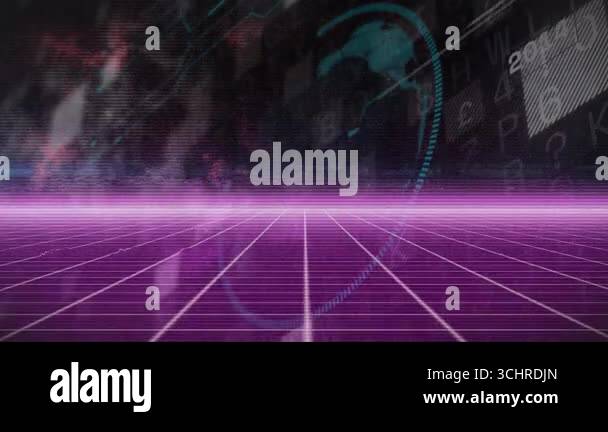 CRT glitching starting holographic Earth rising over magenta grid ...