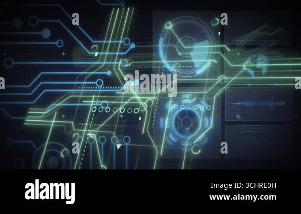 Circuitry Panel Interface Dark grid initiating green, blue circuitry expanding panels hosting ...