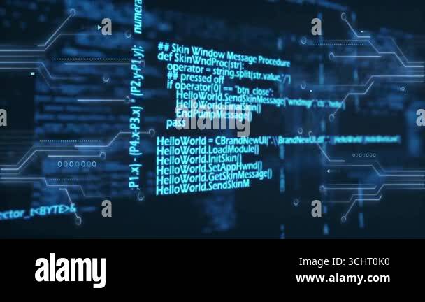 Translucent code snippet expanding into C++ code rotating circuit ...