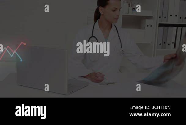 Clinical Features Animation Doctor glancing laptop activating medical graph animation, examining X ...