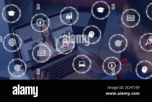 Student clicking touchpad starting call teacher pointing chart icons ...