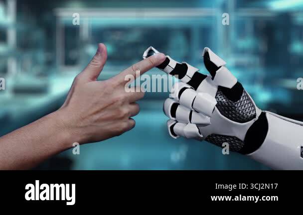 Robot and human reaching hand and pointing finger with brain icon ...