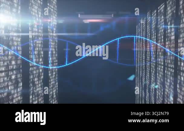 Binary code panels initiating glowing blue DNA helix expanding and ...