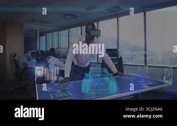 Engineering lead placing VR headset, leaning on hologram table ...