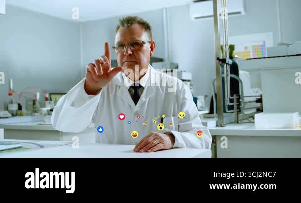 Scientist holding finger up and manipulating floating reaction icons ...