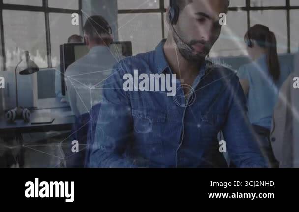 Agent tapping tablet in tech hub with network graphics intensifying ...