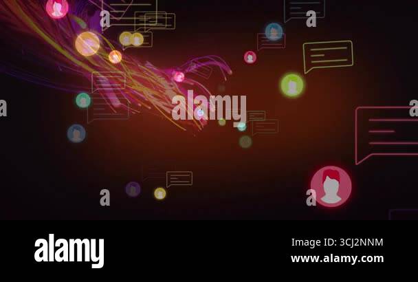 Neon ribbons emerging from left side weaving through avatars and ...