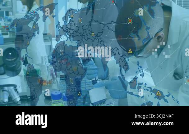 On start scientists handling pipette and tubes in medical lab with map ...