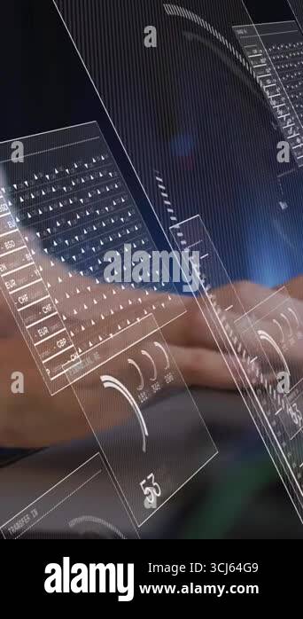 Animation of data processing over hands of caucasian woman working on ...