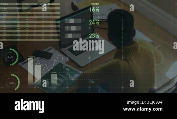 Woman tapping laptop keyboard triggers animated finance charts updating ...