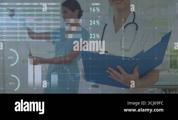 Doctor holding folder in clinic and nurse swiping transparent display ...