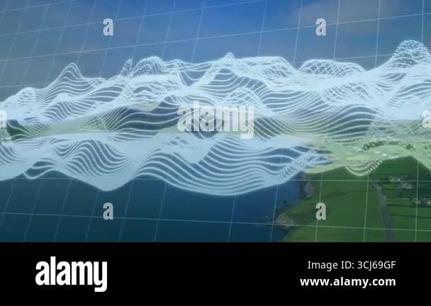 Grid overlay appearing above coast, clear waveform emerging oscillating ...