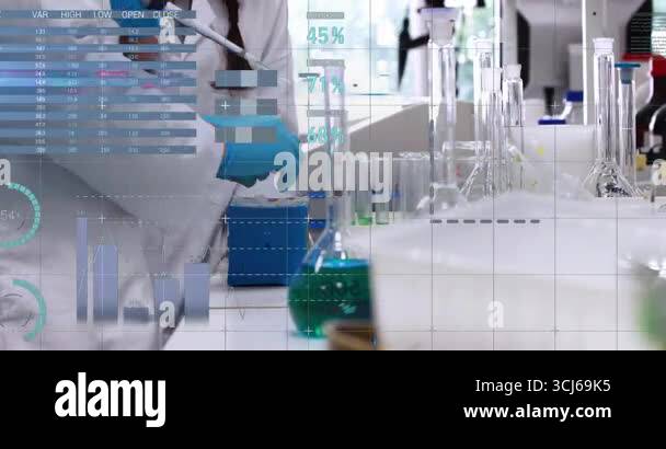Scientist reaching for pipette, aspirating and dispensing into tubes ...