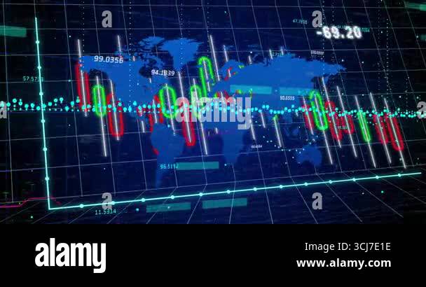 grid forming causing blue map appearing, bars rising, line graph ...