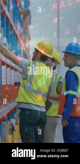 Digital composite of three warehouse workers checking stocks at ...
