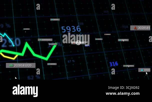 Dark grid overlay appearing colored line charts rising and waving while ...