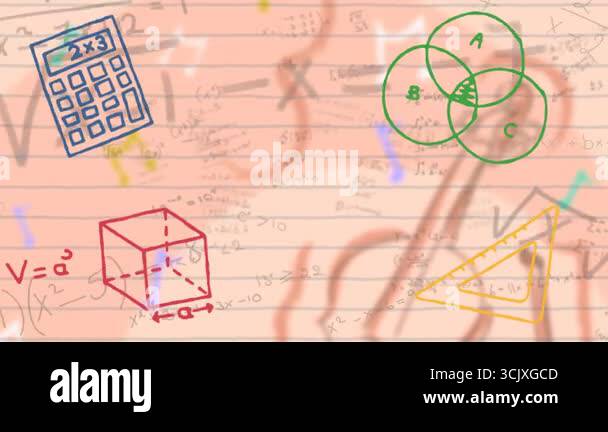 Colored math icons fading in on lined paper equations scrolling guitar ...