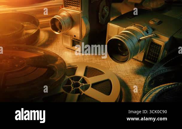 Film Cameras And Reels In Sun Glow, Movie Making Concept Stock Video ...