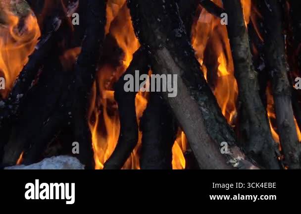 Close up of campfire burning. Burning logs, glowing embers, and hot ...