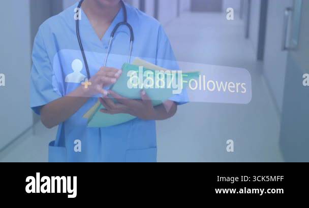 female nurse flipping folder causing transparent follower-count overlay ...